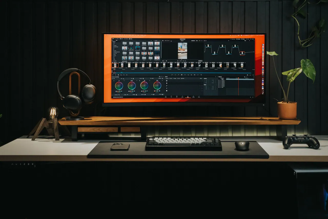 A tidy creator desk with a monitor showing a video editing timeline
